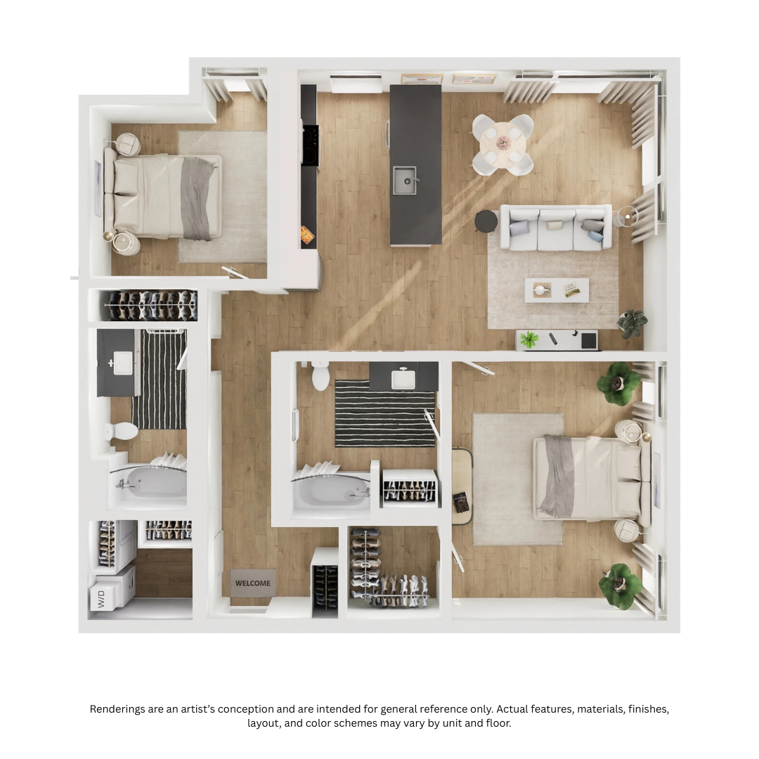 Floor plan for 2 beds, 2 baths, 1059 sqft